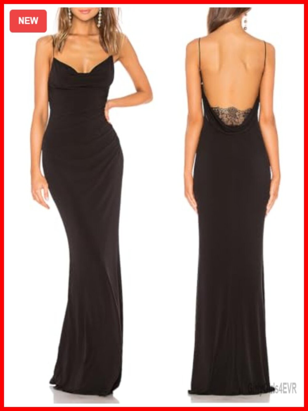 Women Spaghetti Strap Lace Backless Mermaid Maxi Dress Drape Neck Gown